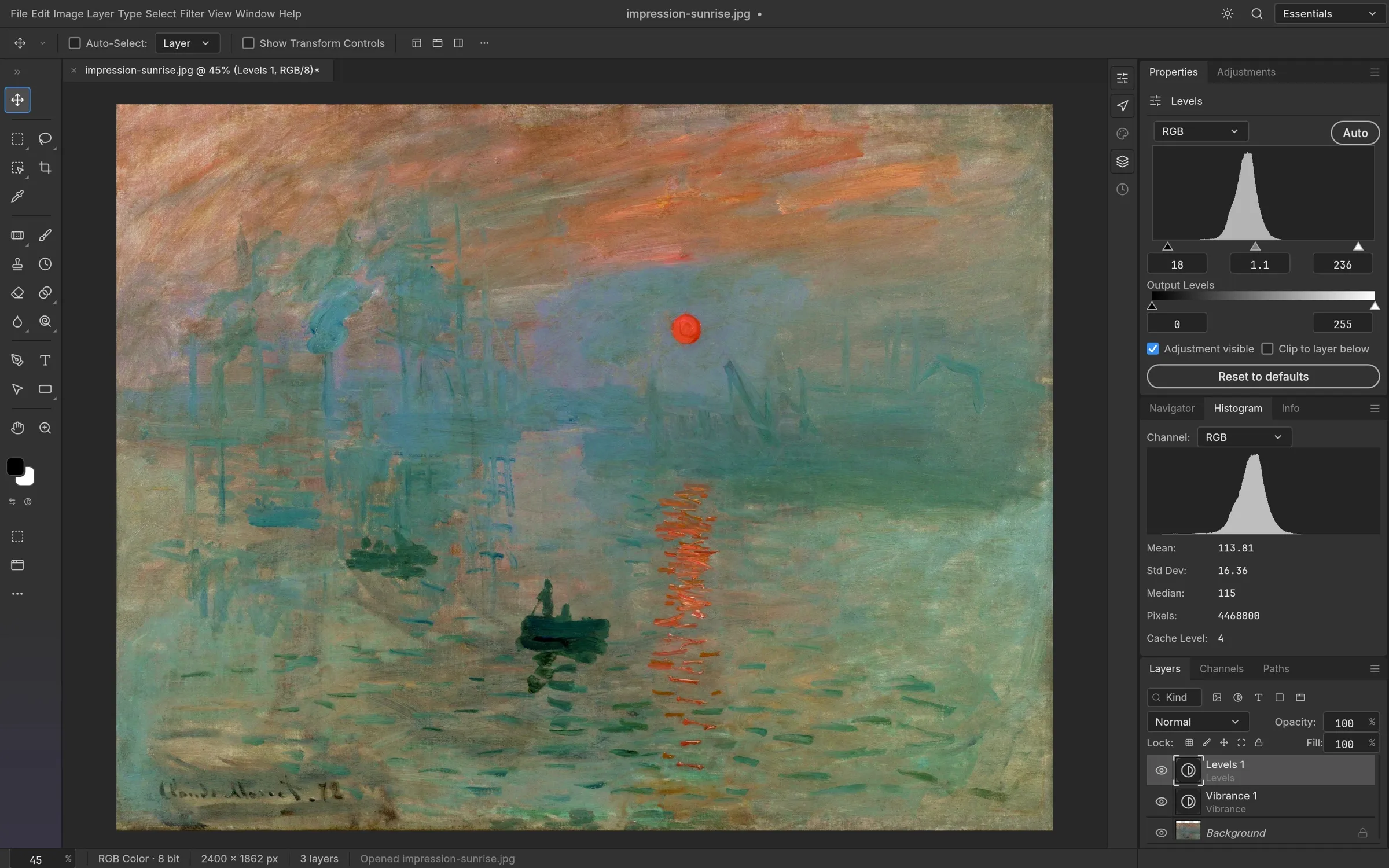 Monet’s Impression, Sunrise with Levels and Vibrance adjustment layers; the Levels editor and the Histogram panel are open on the right