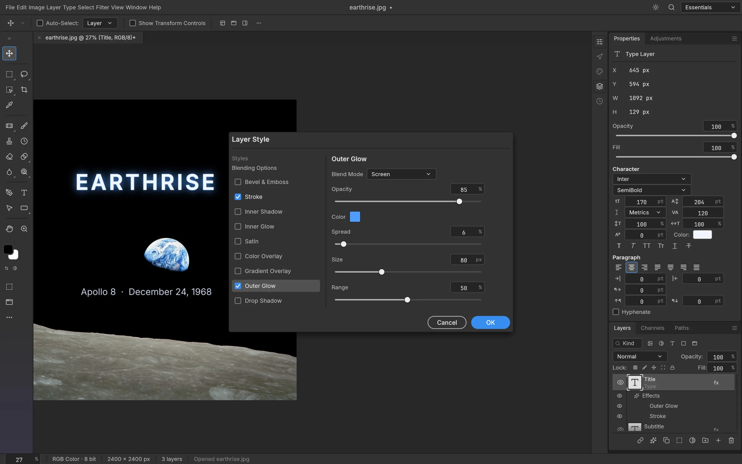 The Layer Style dialog editing an Outer Glow on the EARTHRISE type layer, with Stroke also enabled, over the Apollo 8 Earthrise photograph