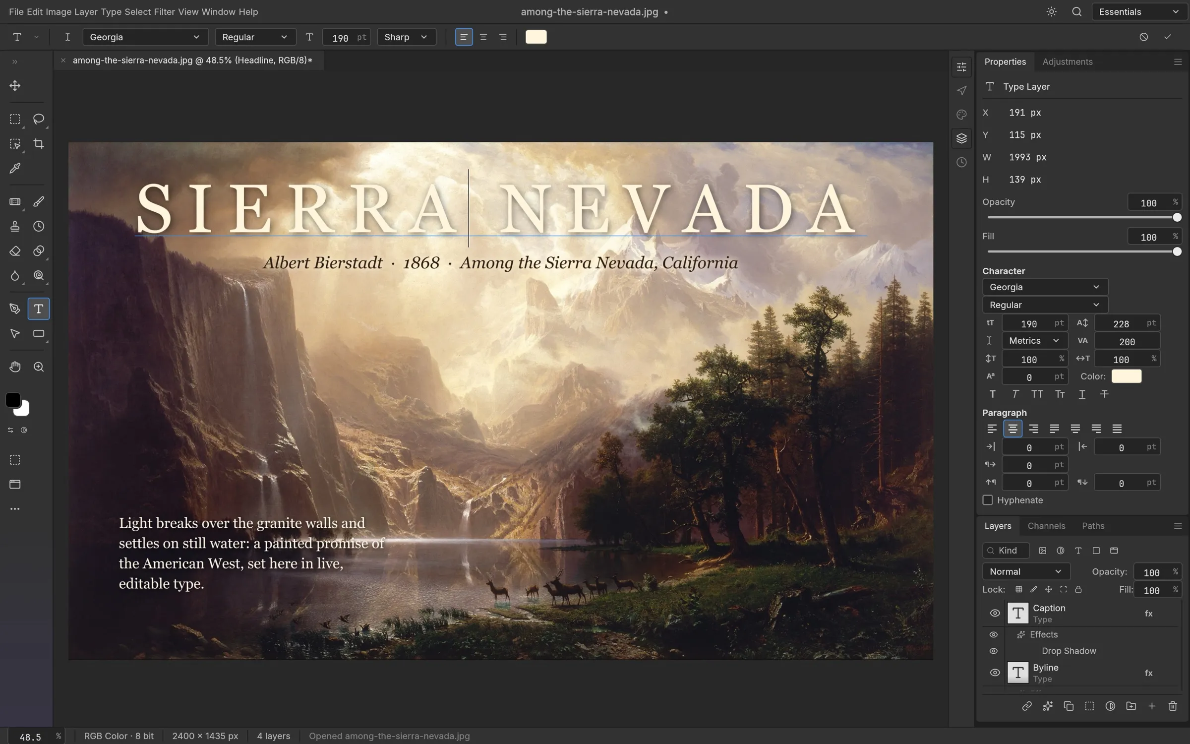 Bierstadt’s Among the Sierra Nevada with the headline SIERRA NEVADA being edited on the canvas in Georgia, a byline and a paragraph caption; the Character and Paragraph controls are open